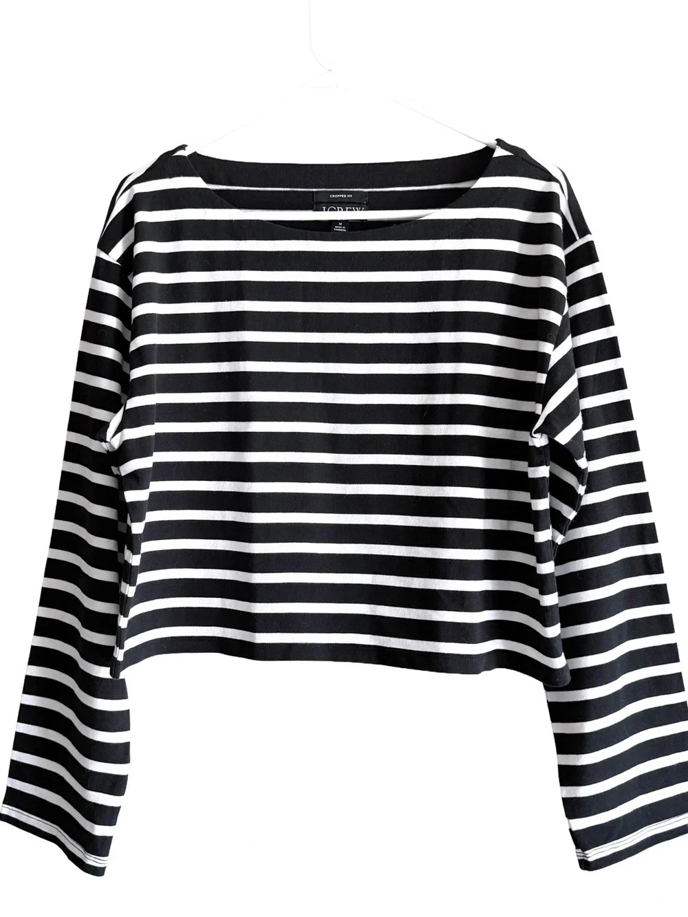 J.Crew Mariner Cotton Boatneck Tee Black White Stripe Cropped Women's M NWOT